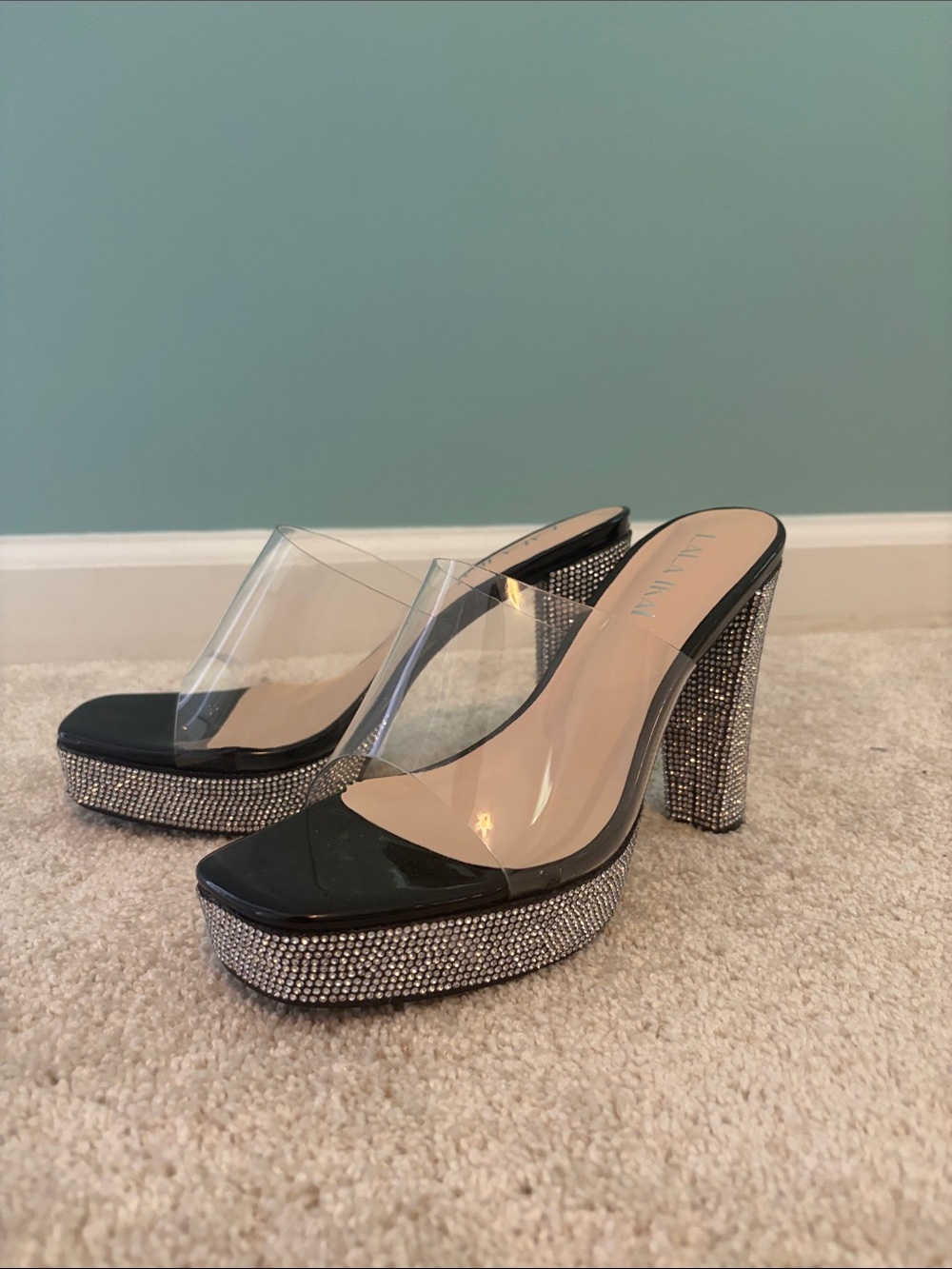 Clear Strap Black Platform Heels with Rhinestone Block Heel - Unbranded